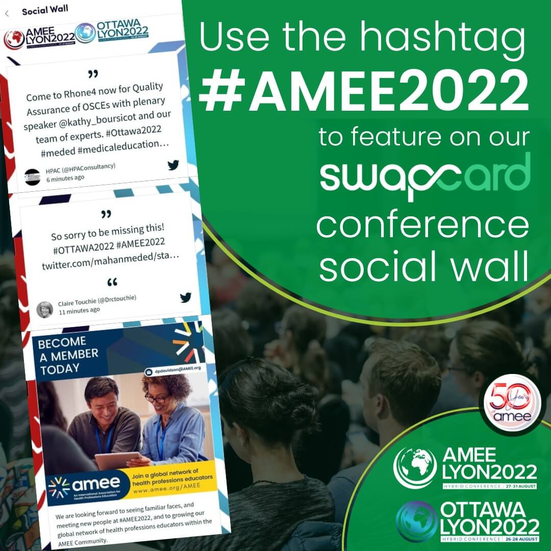 Event marketing ideas using hashtags. This image promotes the use of the hashtag "#AMEE2022" to feature on the Swapcard conference social wall, displaying tweets from attendees, an invitation to join a medical education network, and images of conference attendees engaging with each other.