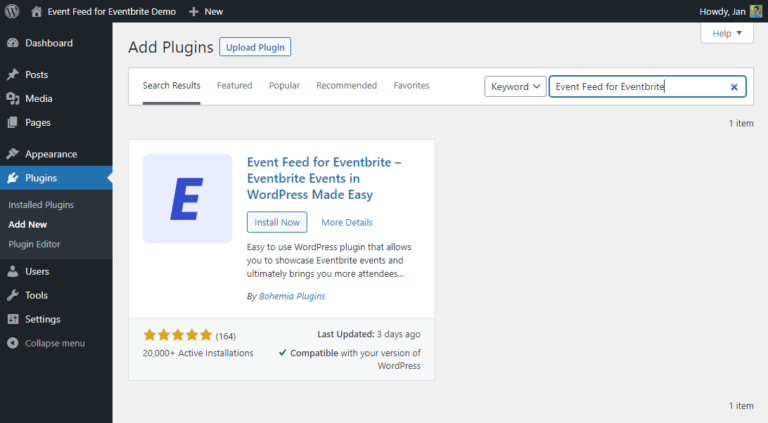 Installing WordPress plugin – Event Feed for Eventbrite