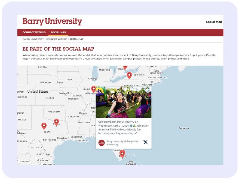 Screenshot of Barry University's webpage featuring a social map of the United States with pinpoints in Miami and other locations, accompanied by a photo of a student celebrating Earth Day on campus.