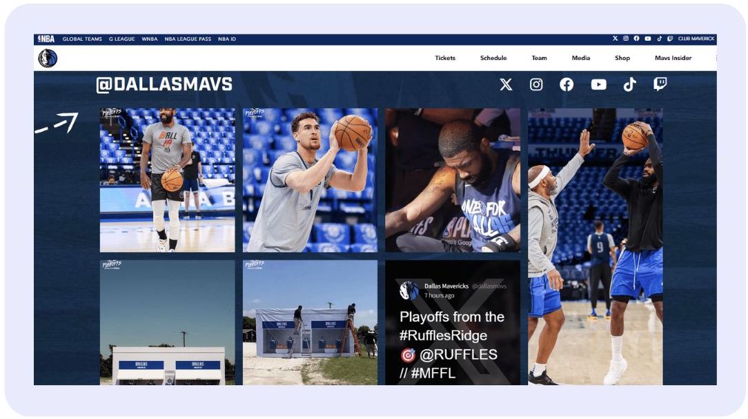 Dallas Mavericks' social media page displaying a Twitter viewer with a series of basketball training and game photos, as well as promotional outdoor event images.
