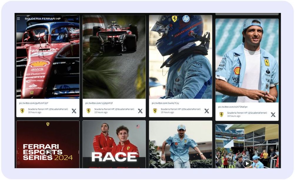 A Twitter viewer of Ferrari social media posts showing racing cars on track, drivers in race gear, and promotional graphics for the Ferrari eSports Series 2024.
