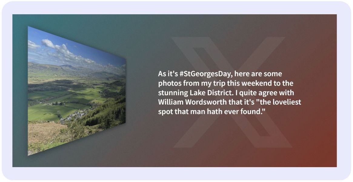 Social media post from the US Embassy in London celebrating St George's Day with a picturesque view of the Lake District quoted by William Wordsworth