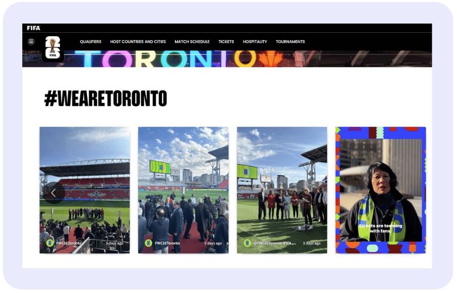 Webpage with a Twitter viewer from FIFA showcasing the #WeAreToronto campaign with images of soccer events and fans at various venues around Toronto.