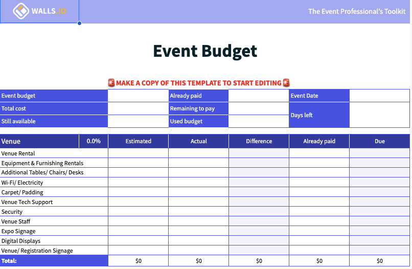 An event budget spreadsheet template with sections for venue costs, equipment rentals, and staffing, all empty and ready for input, from Walls.io, titled "Event Budget."