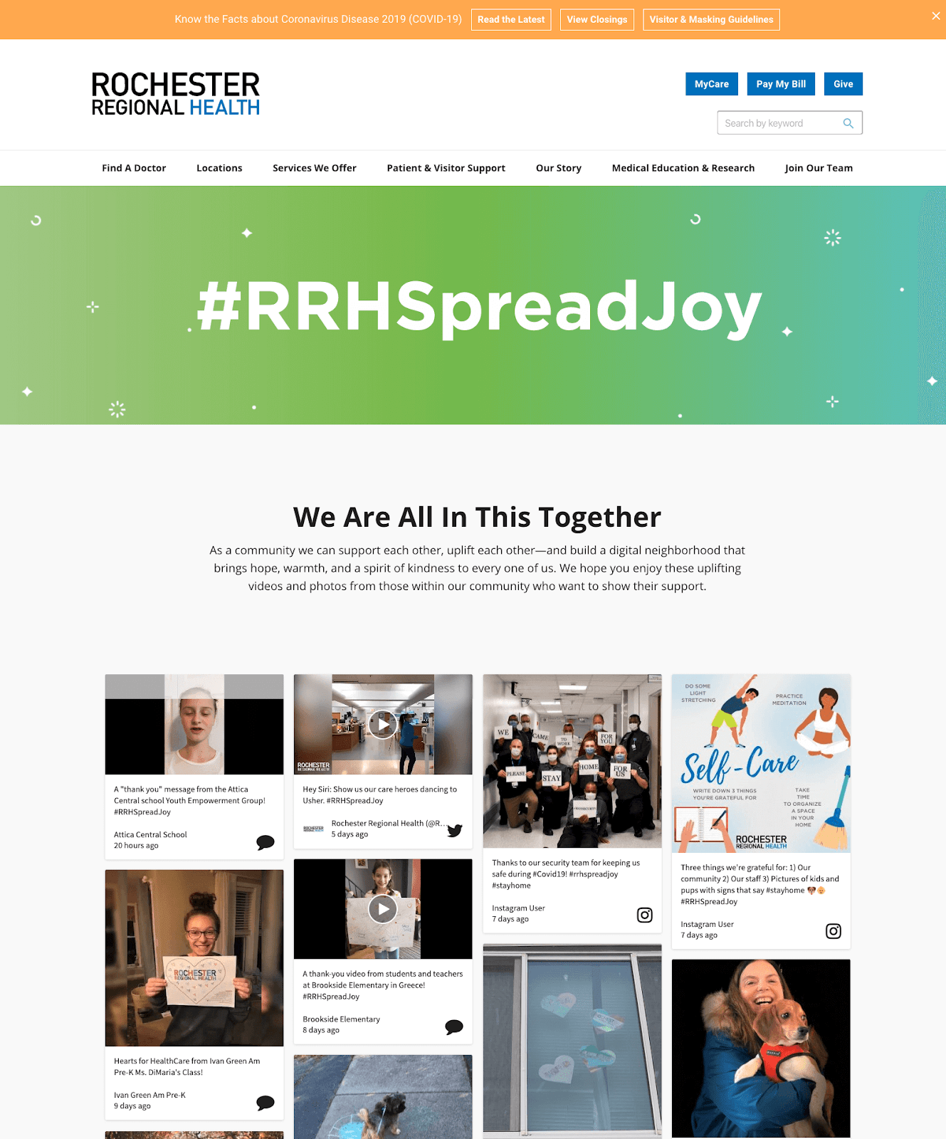 Screenshot of the Rochester Regional Health website, prominently featuring the #RRHSpreadJoy hashtag in a header and, underneath it, the social media wall with the headline “We Are All In This Together”.