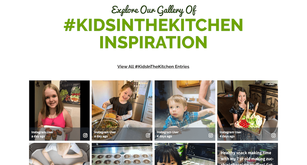Screenshot of the landing page for the Kids In The Kitchen campaign on the NatureFresh™ Farms website. The heading says “Explore Our Gallery Of #KidsInTheKitchen Inspiration” above the embedded social wall.