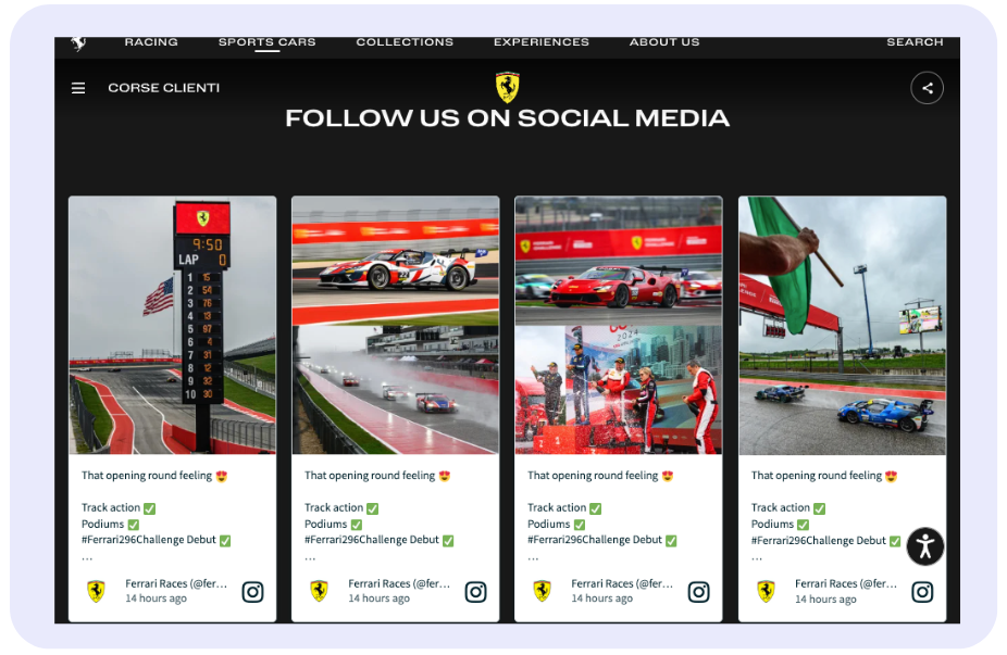 This image presents the "Follow us on Social Media" section of the Ferrari Corse Clienti website, showing dynamic photos of Ferrari racing cars in action on the track, highlighting moments from races and podium celebrations.