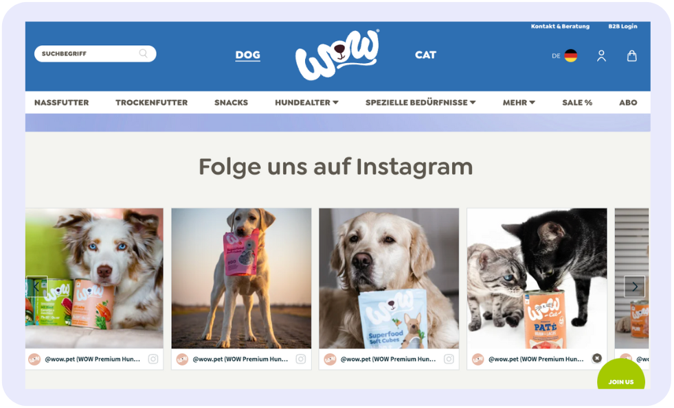 This image displays a webpage from the WOW pet products website featuring a section titled "Follow us on Instagram" with photos on an Instagram widget for website full of dogs and cats next to their products. The top menu shows categories like "Dog," "Cat," and various pet food types, along with social media links and language options.