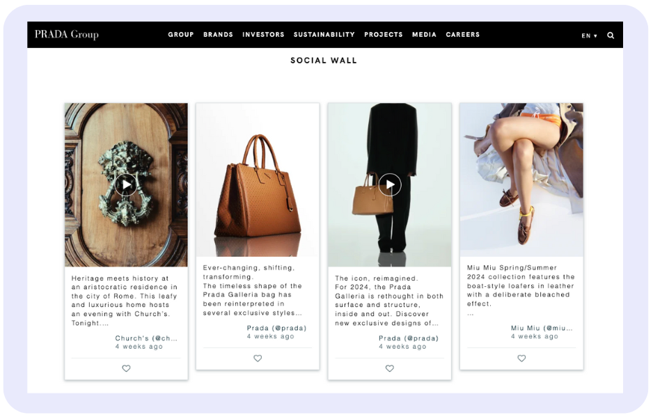 The image showcases the social wall section of the Prada Group website, presenting a mix of fashion-related images and videos, including heritage events, reinterpreted classic bags, and new shoe designs from their latest collections.