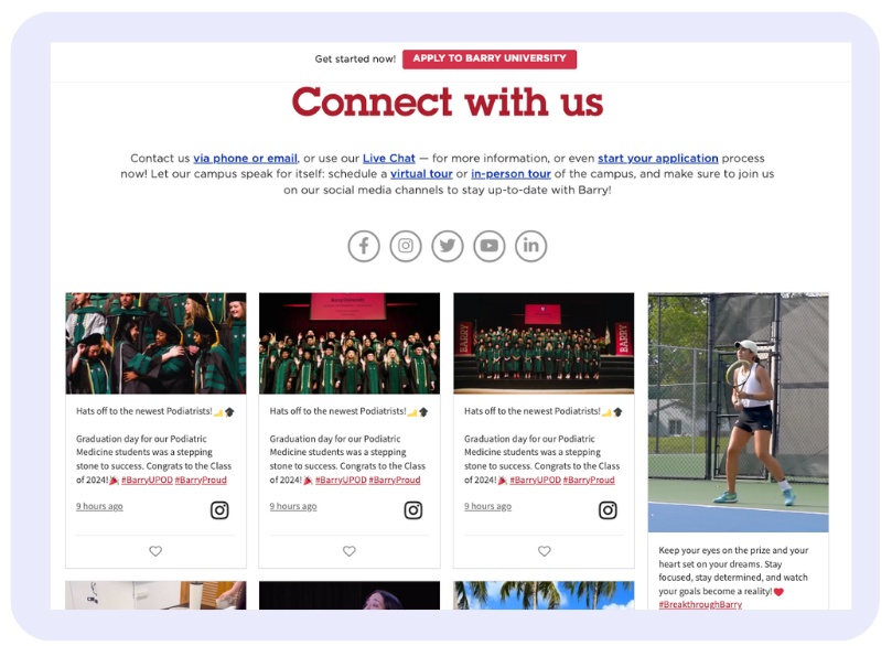 The image depicts the "Connect with us" section of Barry University's website, showing a collage of photos celebrating recent graduations, sporting events, and calls to action for prospective students to connect via various digital platforms.
