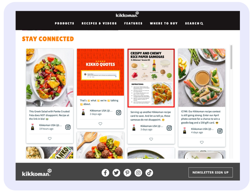 The screenshot captures the Instagram widget for website titled "Stay Connected" section of the Kikkoman website, displaying colorful images of food recipes and quotes related to their products, aiming to engage with their audience on social media.