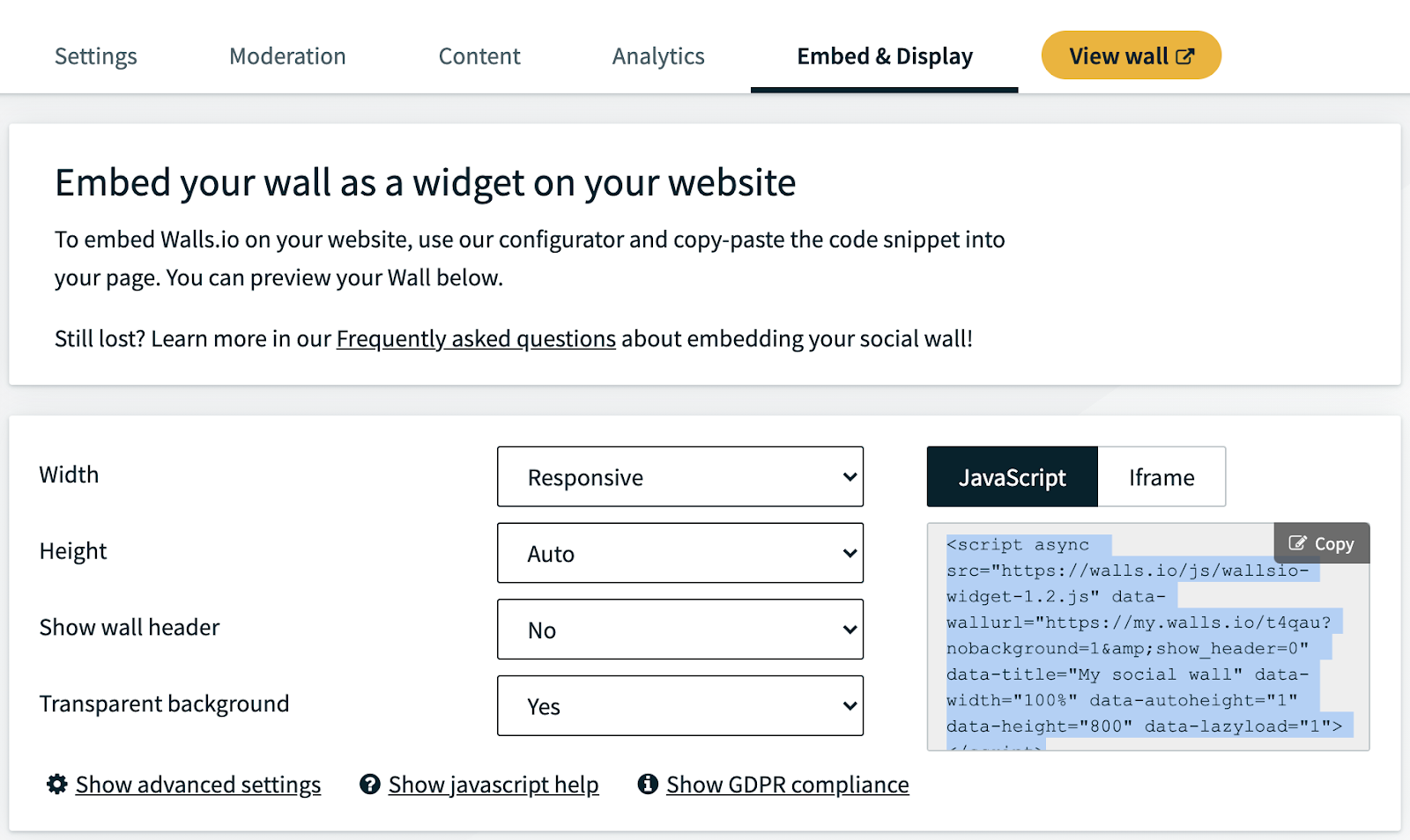 This image displays a configuration page for embedding a social media wall on a website, providing options like width, height, wall header visibility, and background transparency. It includes script code for embedding with options to switch between JavaScript and iFrame methods.