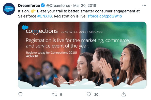 Screenshot of a tweet. It says: It's on. 👉 Blaze your trail to better, smarter consumer engagement at Salesforce #CNX18. Registration is live: http://sforce.co/2pqGW1o. An example of trade show booth ideas before an event.