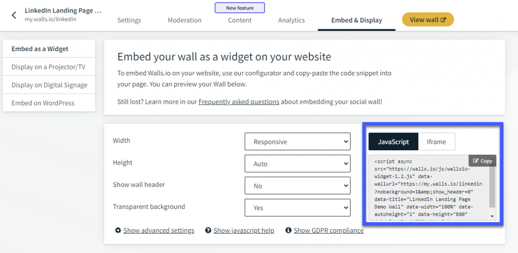 The Walls.io Dashboard where you can copy the code and embed a LinkedIn feed on your website.