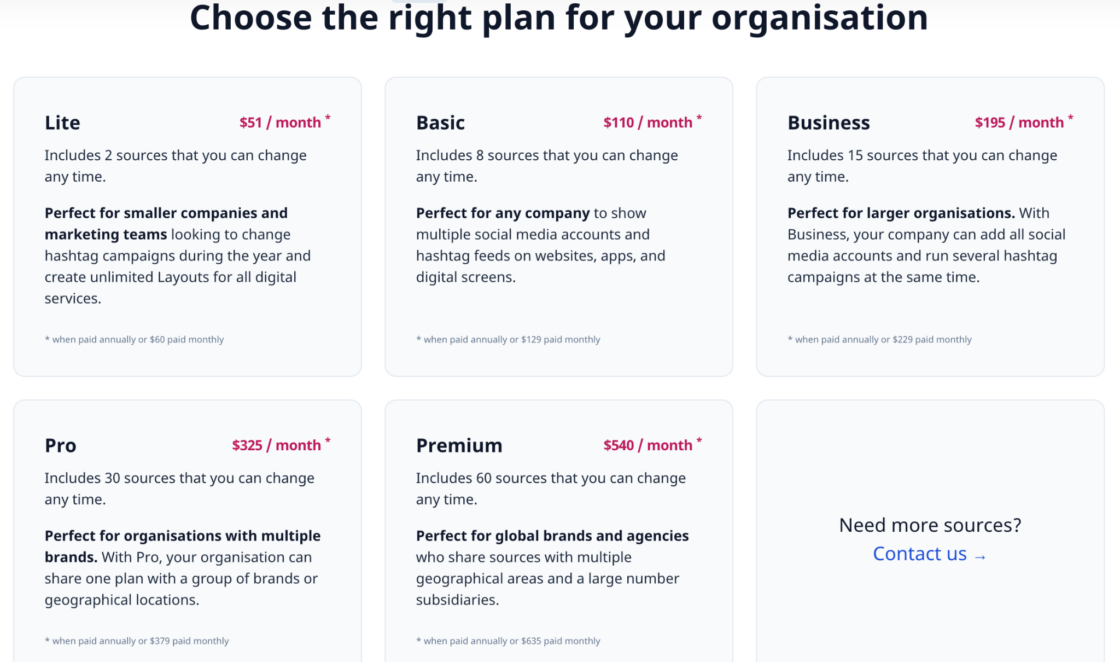 Flockler Pricing comparison with embed social