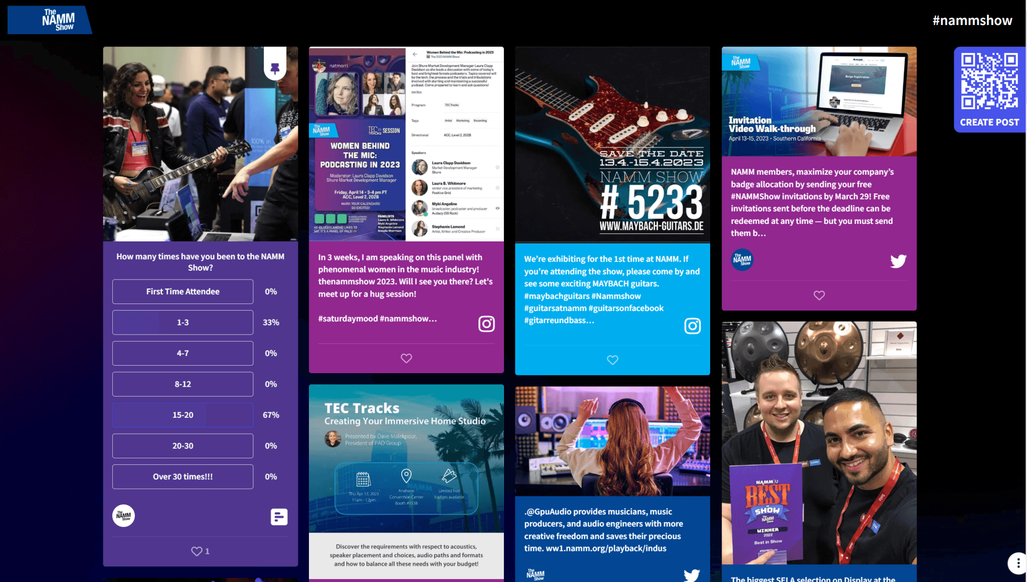 This image is a montage displaying various scenes and event promotion graphics from the NAMM Show, including interactions at booths, social media posts, an attendee survey on show frequency, and advertisement for upcoming panels and products.