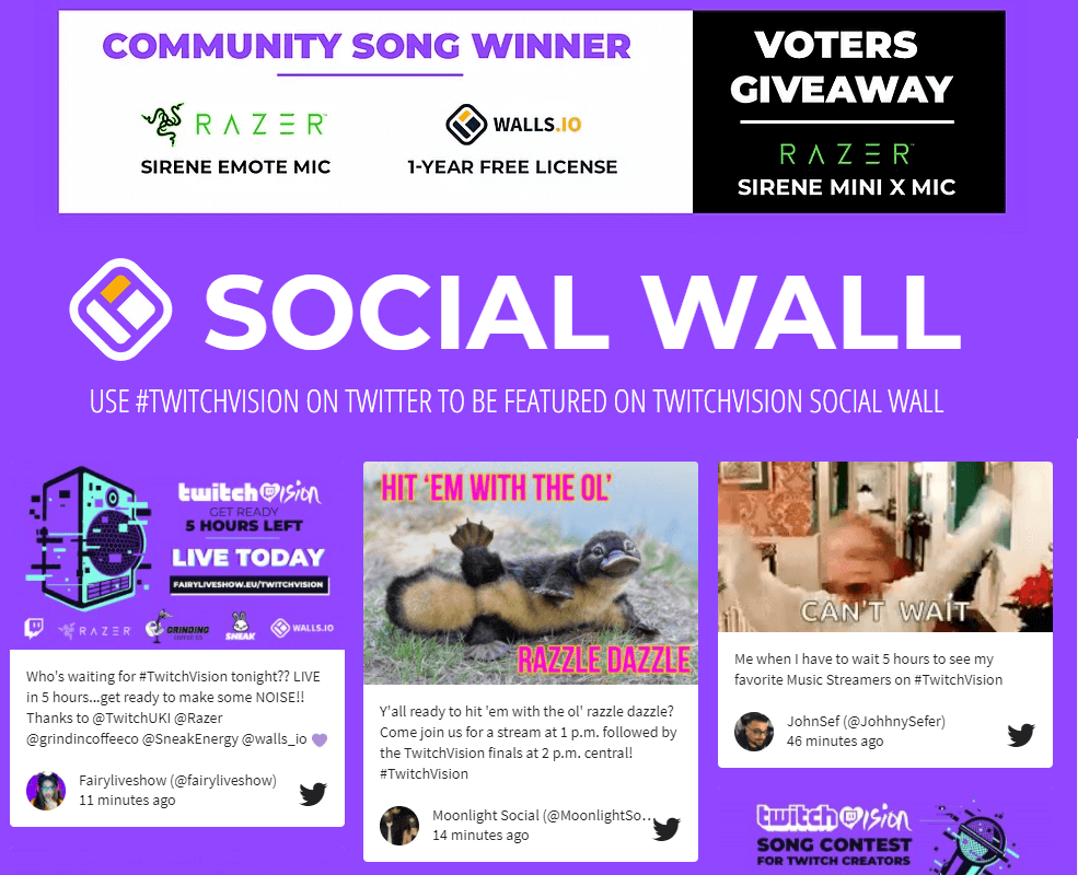 This image displays a event promotion graphic for a Twitch event called TwitchVision, featuring a social wall collage with Twitter posts from participants, prize announcements for a Razer microphone, and calls to action for viewers to use the hashtag #TwitchVision to be featured on the social wall.