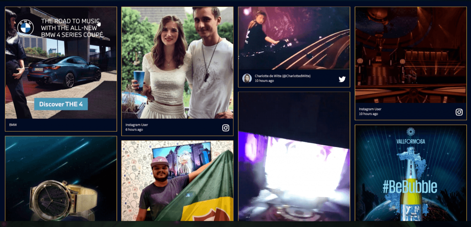 A dynamic social wall display featuring various user-generated content and sponsored posts. The top left showcases an ad from BMW promoting their 4 Series Coupé with the tagline "The road to music with the all-new BMW 4 Series Coupé" and a "Discover THE 4" button. Other content includes photos and videos from Instagram and Twitter users enjoying a music event, such as a couple posing with drinks, a DJ performance by Charlotte de Witte, a person holding a Brazilian flag, and an advertisement for Vallformosa with the hashtag #BeBubble.