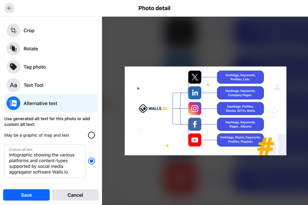 The Facebook app dialogue where users can configure the alt text settings for their photos. This is an example using an Infographic showing the various platforms and content-types supported by social media aggregator software Walls.io. The platforms include X (formerly Twitter), LinkedIn, Instagram, Facebook, and YouTube, each with supported content types such as hashtags, keywords, profiles, stories, IGTVs, reels, pages, albums, shorts, and playlists.