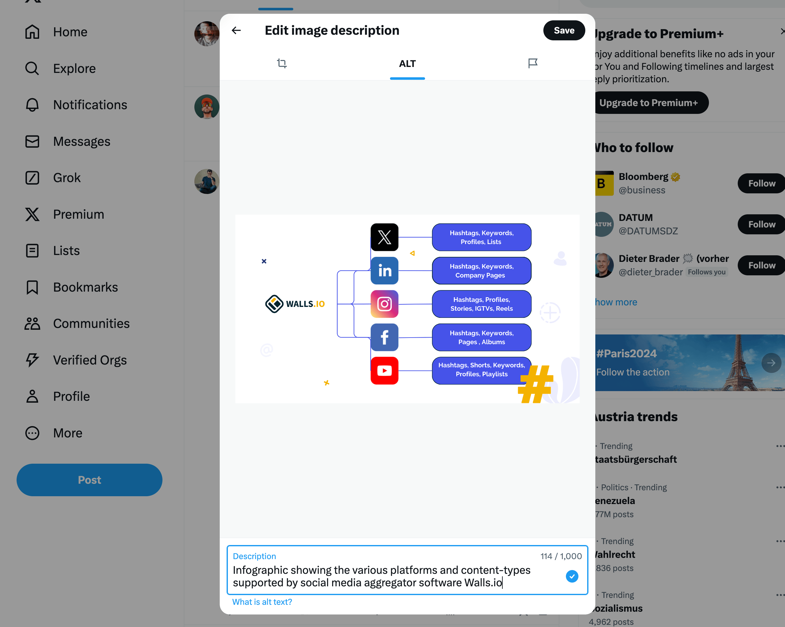 The X/Twitter app dialogue where users can configure the alt text settings for their photos. This is an example using an Infographic showing the various platforms and content-types supported by social media aggregator software Walls.io. The platforms include X (formerly Twitter), LinkedIn, Instagram, Facebook, and YouTube, each with supported content types such as hashtags, keywords, profiles, stories, IGTVs, reels, pages, albums, shorts, and playlists.