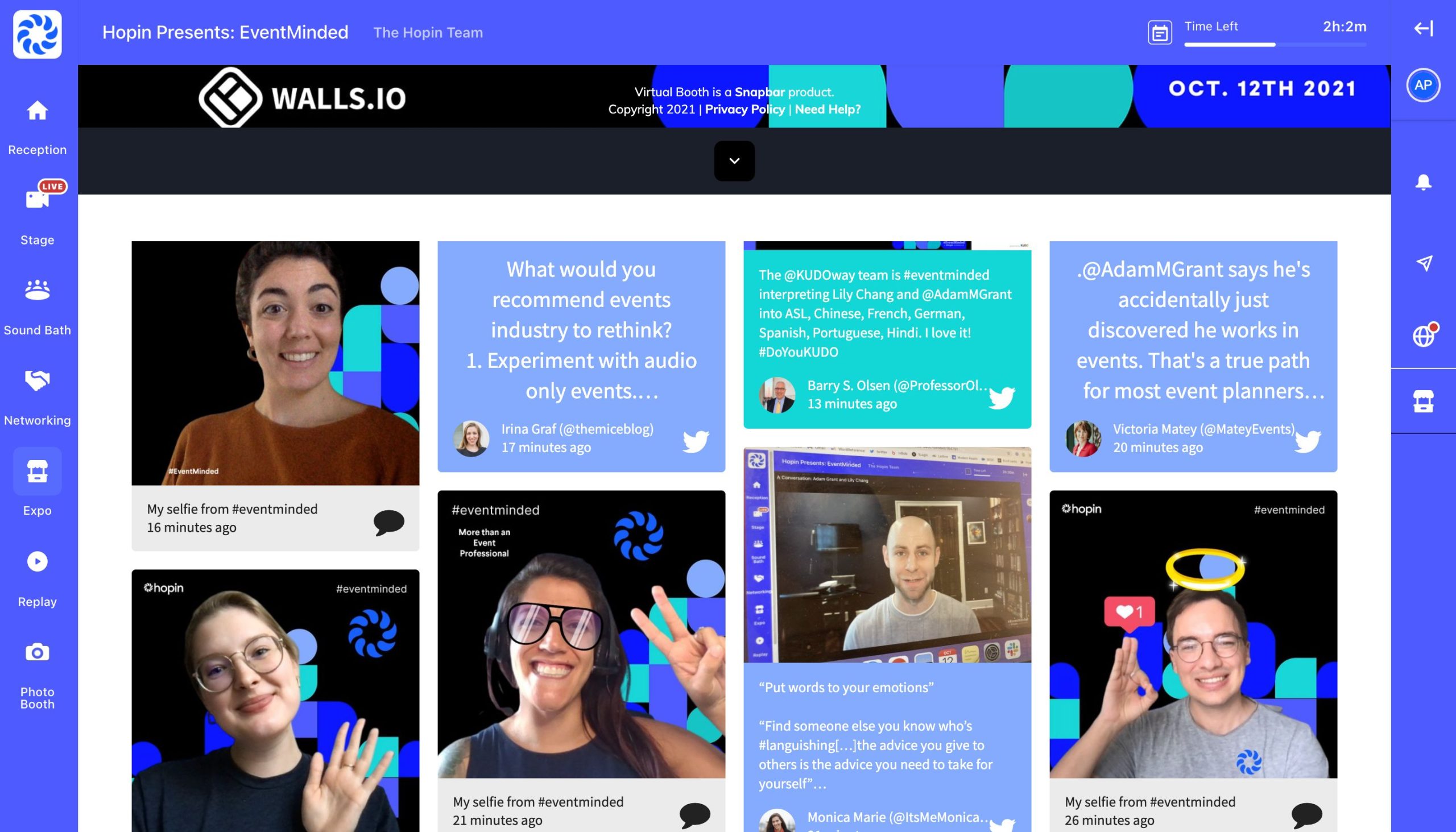 The image displays the interface of a virtual event titled "Hopin Presents: EventMinded," featuring participant selfies, tweets, and comments. The sidebar includes navigation options like Reception, Stage, Sound Bath, Networking, Expo, Replay, and Photo Booth.