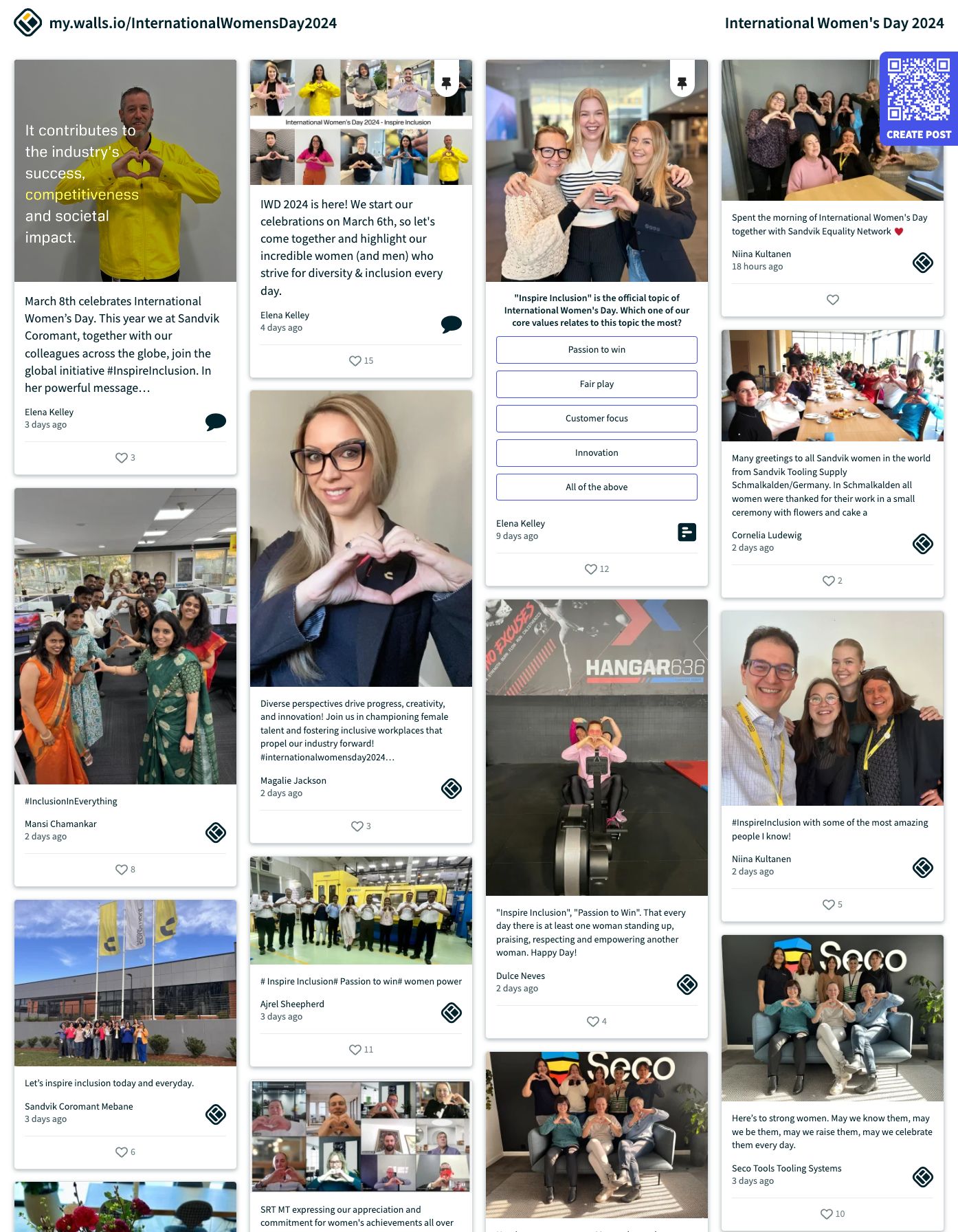 A digital collage of posts celebrating International Women’s Day 2024, featuring various employees of Sandvik Coromant. The posts include messages of inclusion, photos of women making heart shapes with their hands, and group photos of employees participating in the event.