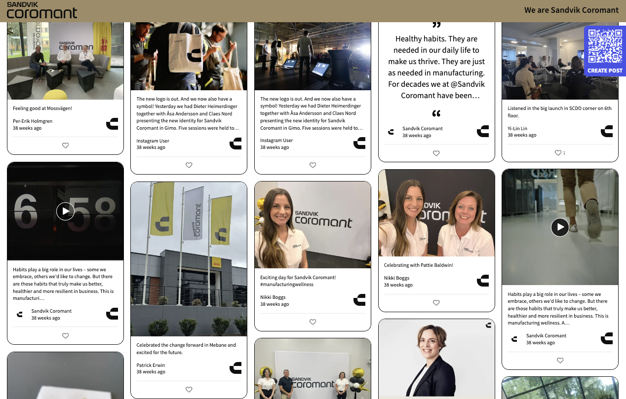 A collection of posts from Sandvik Coromant’s wall showcasing the launch of a new logo and promoting healthy habits. The posts include images of employees, the new logo, a company building with new flags, and snippets from launch events and presentations.