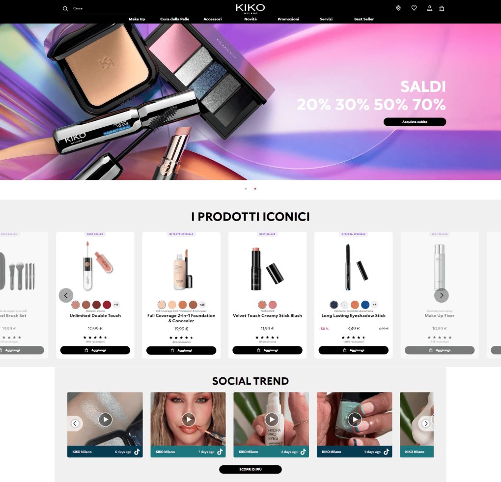 Screenshot of KIKO Milano’s website homepage featuring a social feed with embedded short-form video content showcasing makeup products and user-generated content.