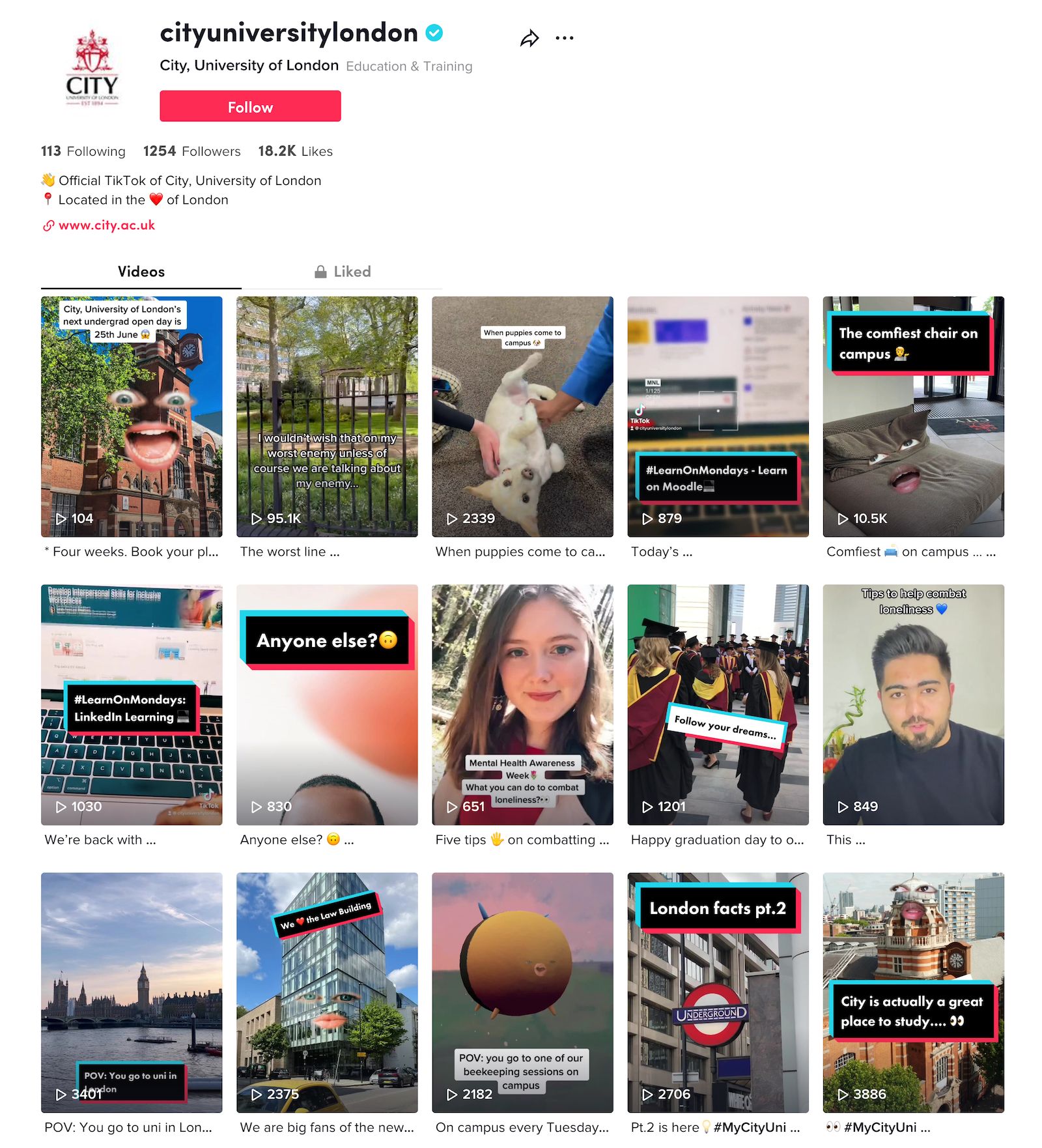 Screenshot of City, University of London’s official TikTok page featuring various short-form video content pieces showcasing campus life, student activities, and educational content.