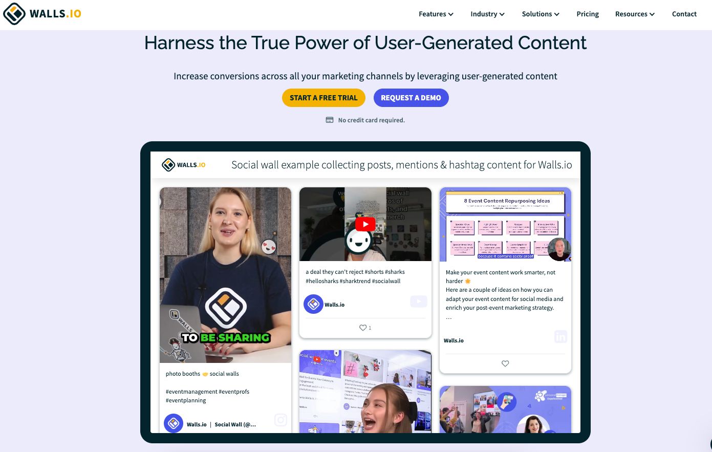 Screenshot of Walls.io’s website landing page showing a social wall example collecting short-form video content, mentions, and hashtag content for marketing purposes.