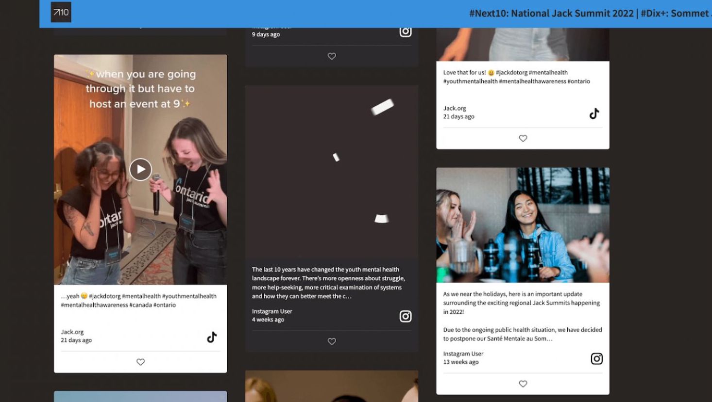 Screenshot of Jack.org’s social wall displaying TikTok and Instagram posts from their National Jack Summit, featuring youth mental health advocates sharing their experiences.