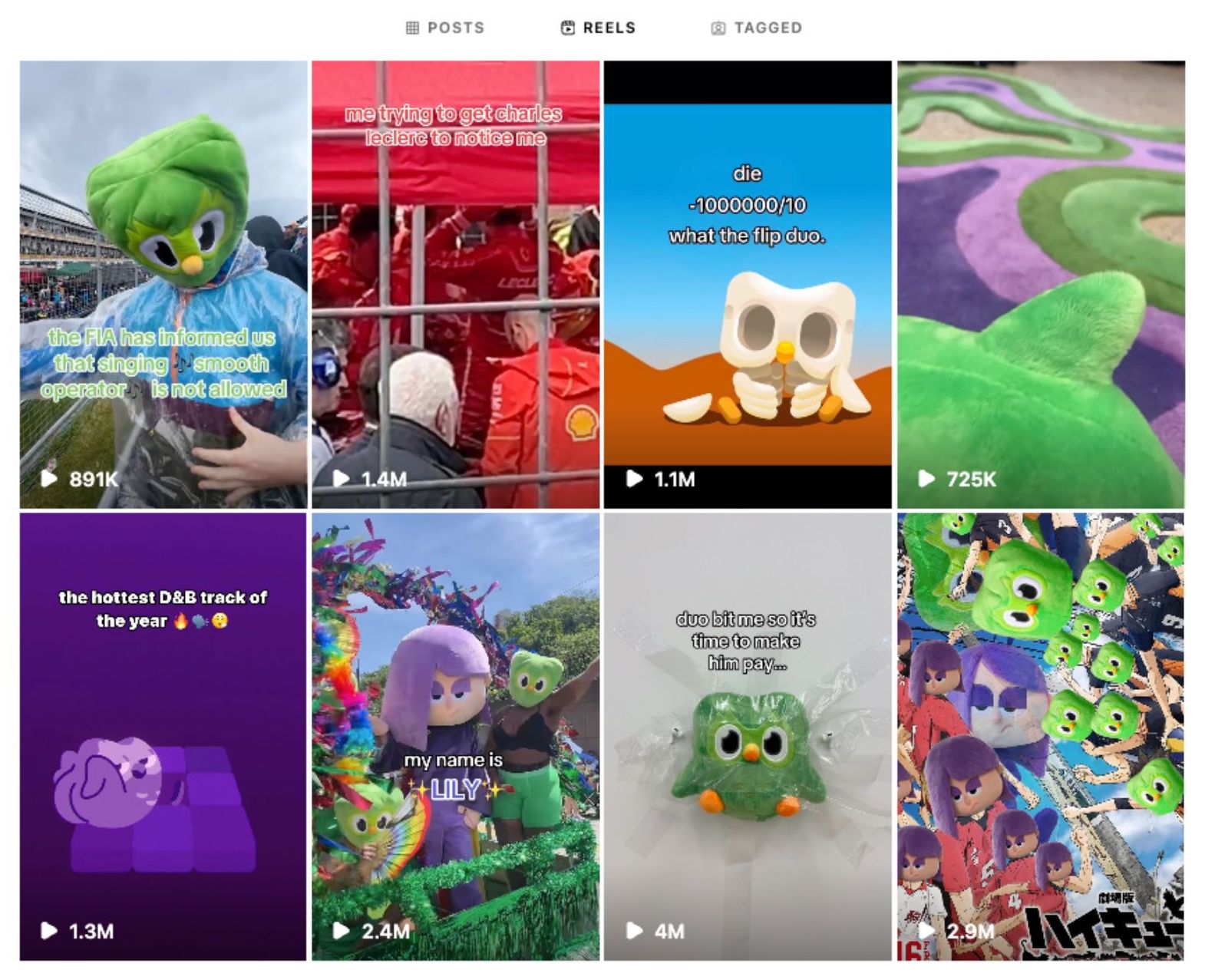 Screenshot of Duolingo’s Instagram Reels featuring their mascot in humorous and engaging short videos, highlighting their playful brand personality.