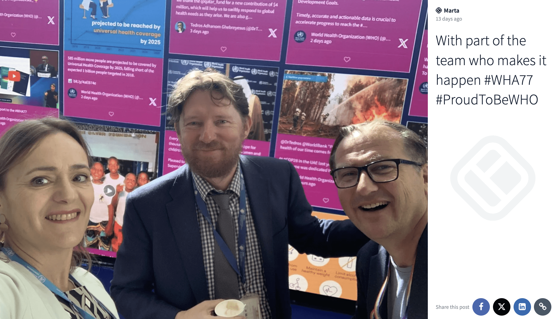 Three colleagues smile for a selfie at a World Health Organization event, standing in front of digital displays showing health-related information, with hashtags #WHA77 and #ProudToBeWHO highlighted in their post.Three colleagues smile for a selfie at a World Health Organization event, standing in front of digital displays showing health-related information, with hashtags #WHA77 and #ProudToBeWHO highlighted in their post.