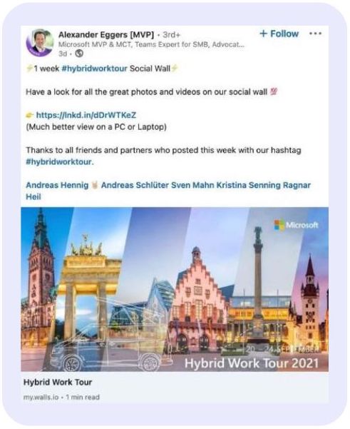 A LinkedIn post promoting the Microsoft Hybrid Work Tour, showcasing photos and videos on the event's social wall.