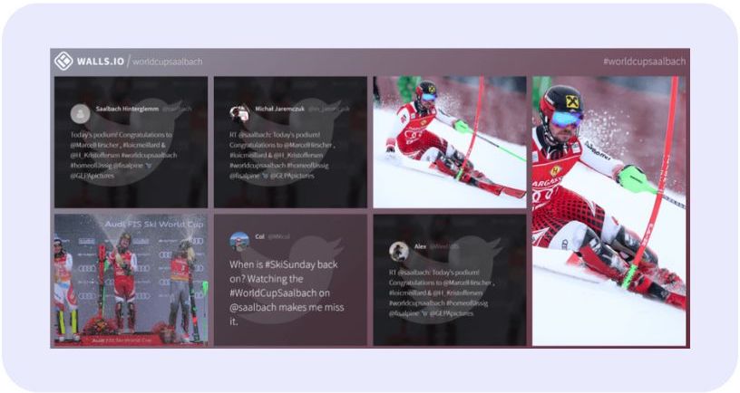 A social wall displaying real-time posts from the Saalbach Ski World Cup, featuring fan tweets and event highlights.