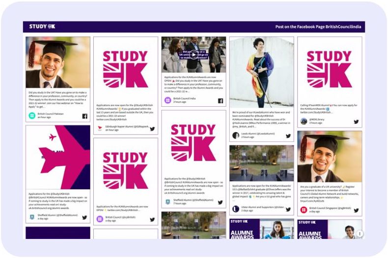 A social wall highlighting alumni achievements for the British Council’s Study UK Alumni Awards, featuring user posts and event promotions.