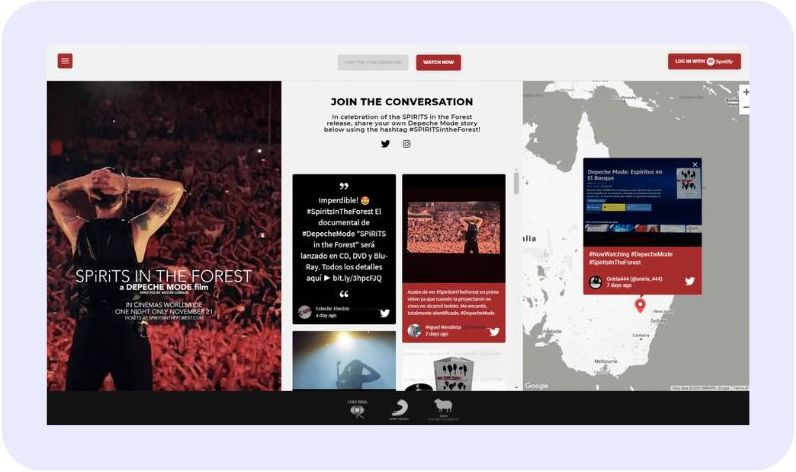 Sony Music's social wall for the Depeche Mode SPIRITS in the Forest movie launch, showcasing fan interactions. (event marketing examples)