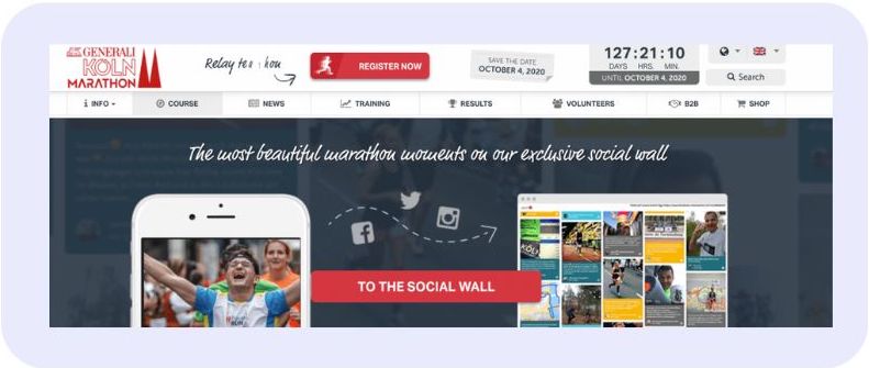 A social wall on the Generali Cologne Marathon website, displaying participant moments with hashtags and live updates.