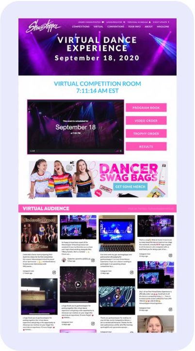 Showstopper Virtual Dance Experience page featuring participant videos and audience engagement through a social wall.