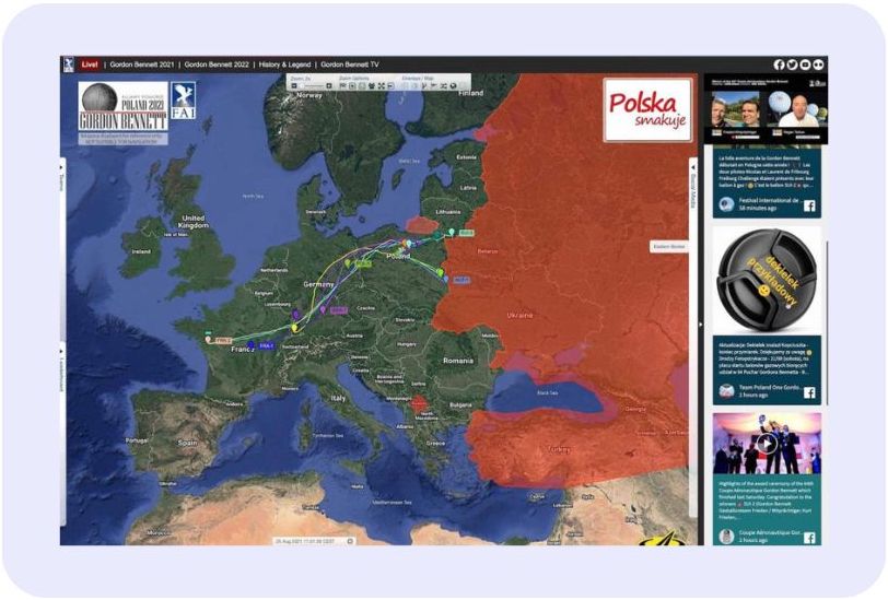 A live map and social wall for the Gordon Bennett Air Balloon competition, showing balloon trajectories and viewer engagement.