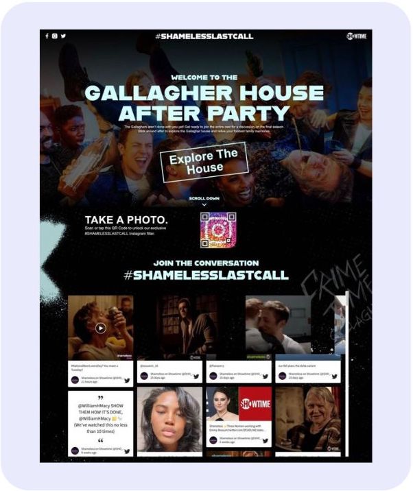 Social wall for the Shameless series finale after-party, featuring fan posts with the hashtag #ShamelessLastCall.