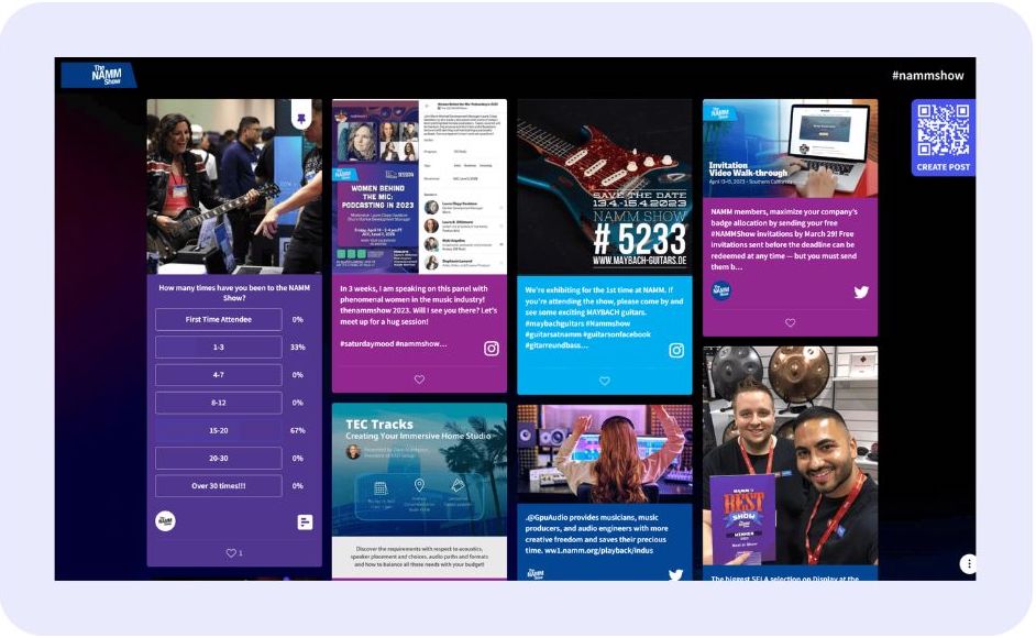 A NAMM Show social wall showcasing attendee posts, product updates, and event interactions at the music industry event. (event marketing examples)