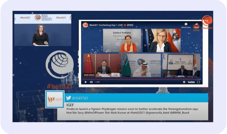 A live video stream and social wall during the Berlin Energy Transition Dialogue, featuring tweets and event discussions. (event marketing examples)