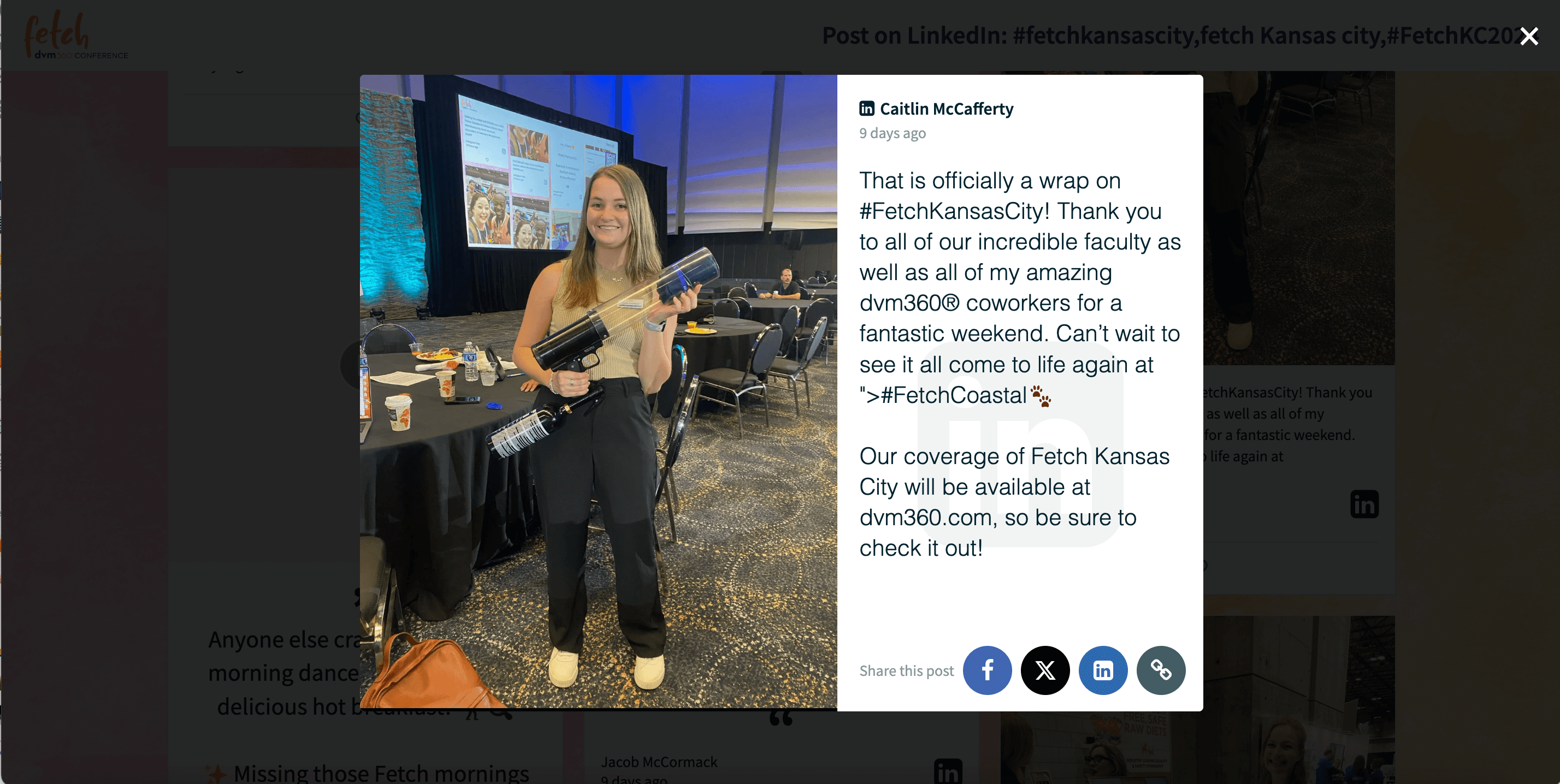 A woman smiles while holding a large confetti cannon at the conclusion of the Fetch Kansas City event, with a message of gratitude and anticipation for the next event.