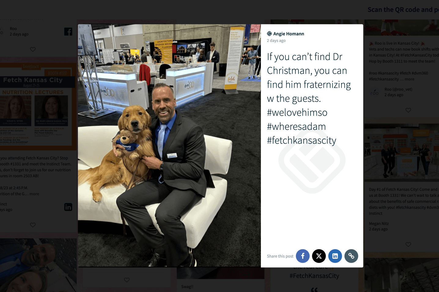 A man in a suit poses with a golden retriever on a white sofa at the Fetch Kansas City conference, accompanied by a humorous caption about Dr. Christman socializing with guests.