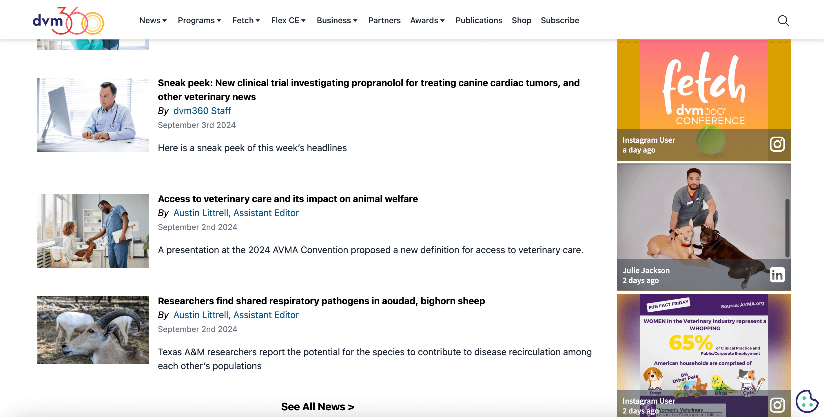 A webpage from dvm360 featuring recent veterinary news articles, including topics on canine cardiac tumor treatments, access to veterinary care, and respiratory pathogens in wildlife, along with images and social media posts on the right side.