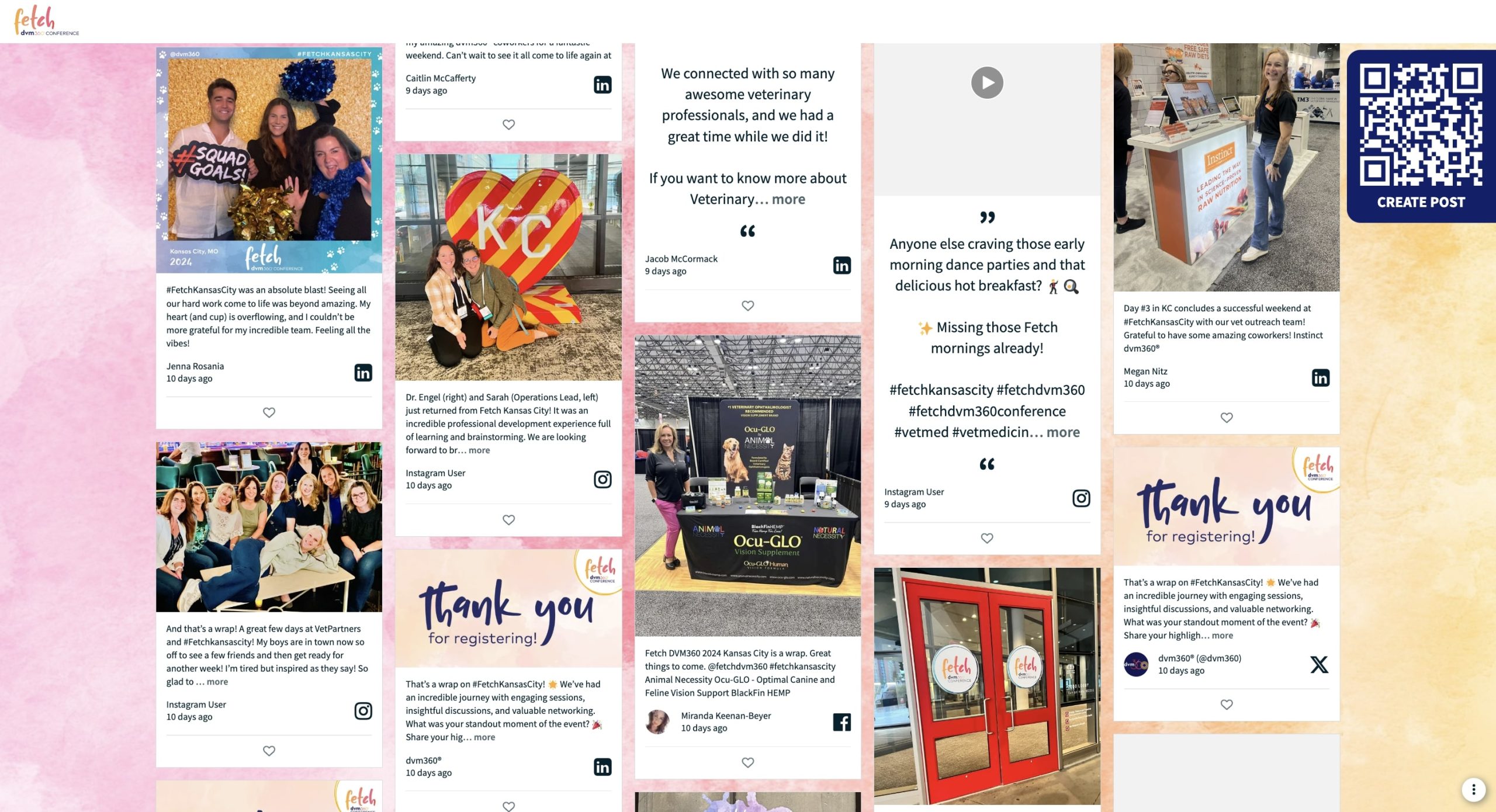 A collage of various photos and posts from attendees at the Fetch Kansas City event, showcasing moments of celebration, networking, product displays, and gratitude for a successful conference.