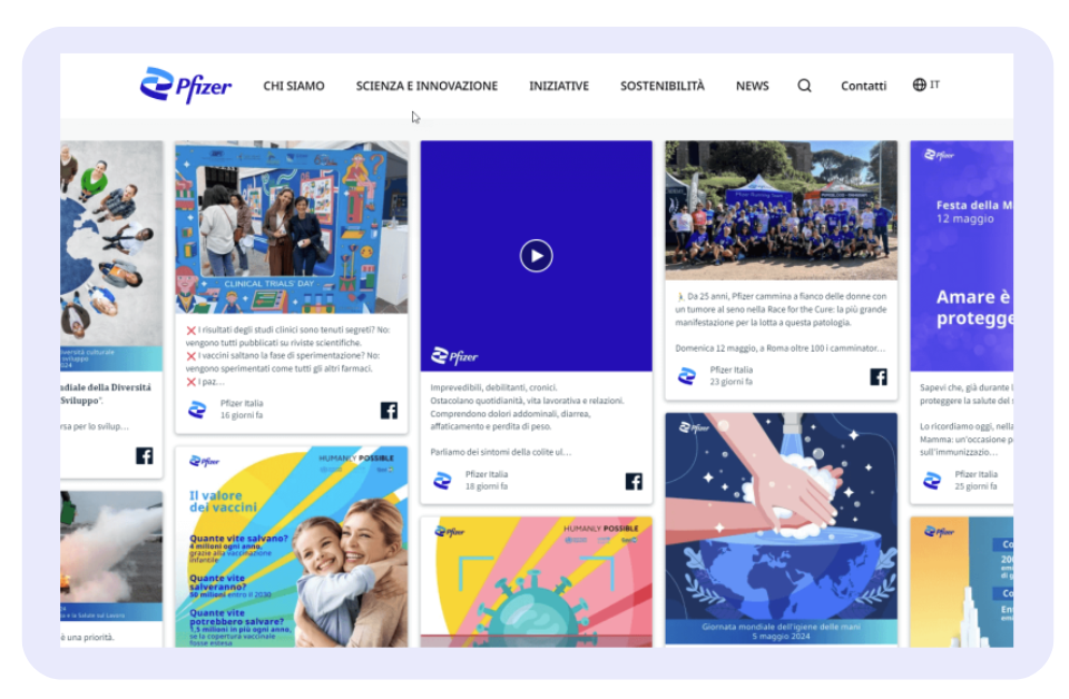Pfizer Italia sharing updates and events related to health and innovation; illustrating the effective use of embed Facebook feed on website for public engagement.