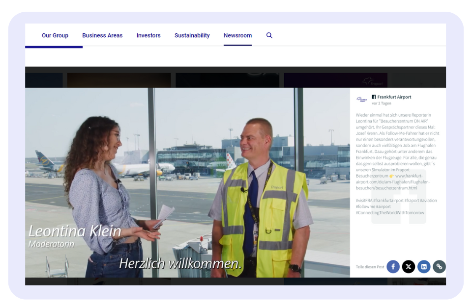 Leontina Klein interviewing a staff member at Frankfurt Airport; a great example of how to embed Facebook feed on website to share airport updates.