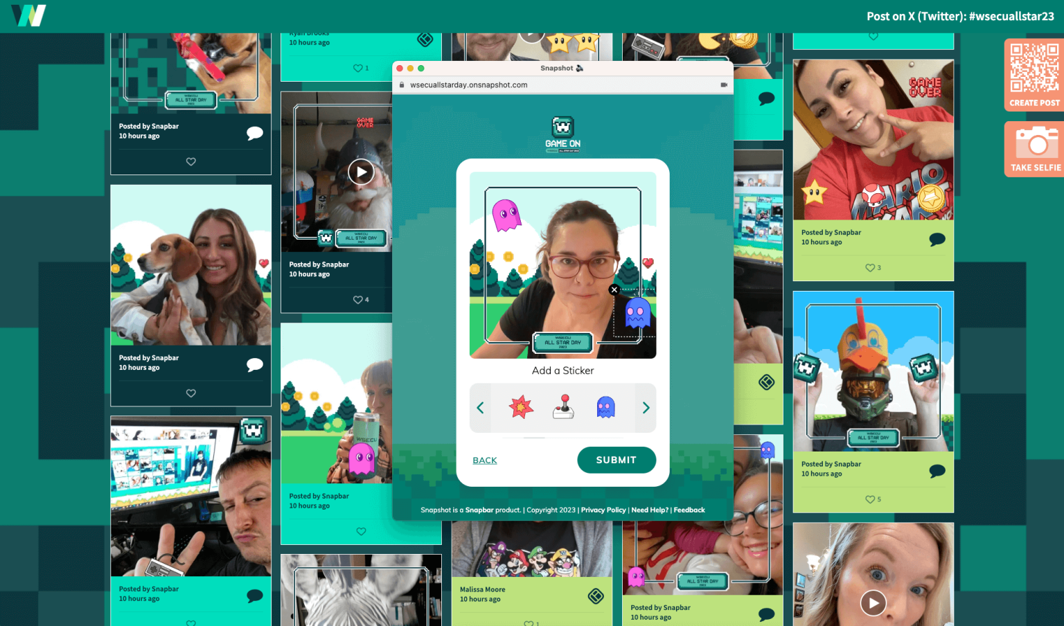 A digital screen displaying user-generated selfies and videos with fun stickers, showcasing a social wall interface that encourages engagement.